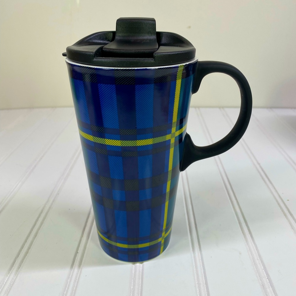 Cypress Home Green & blue ceramic plaid travel mug